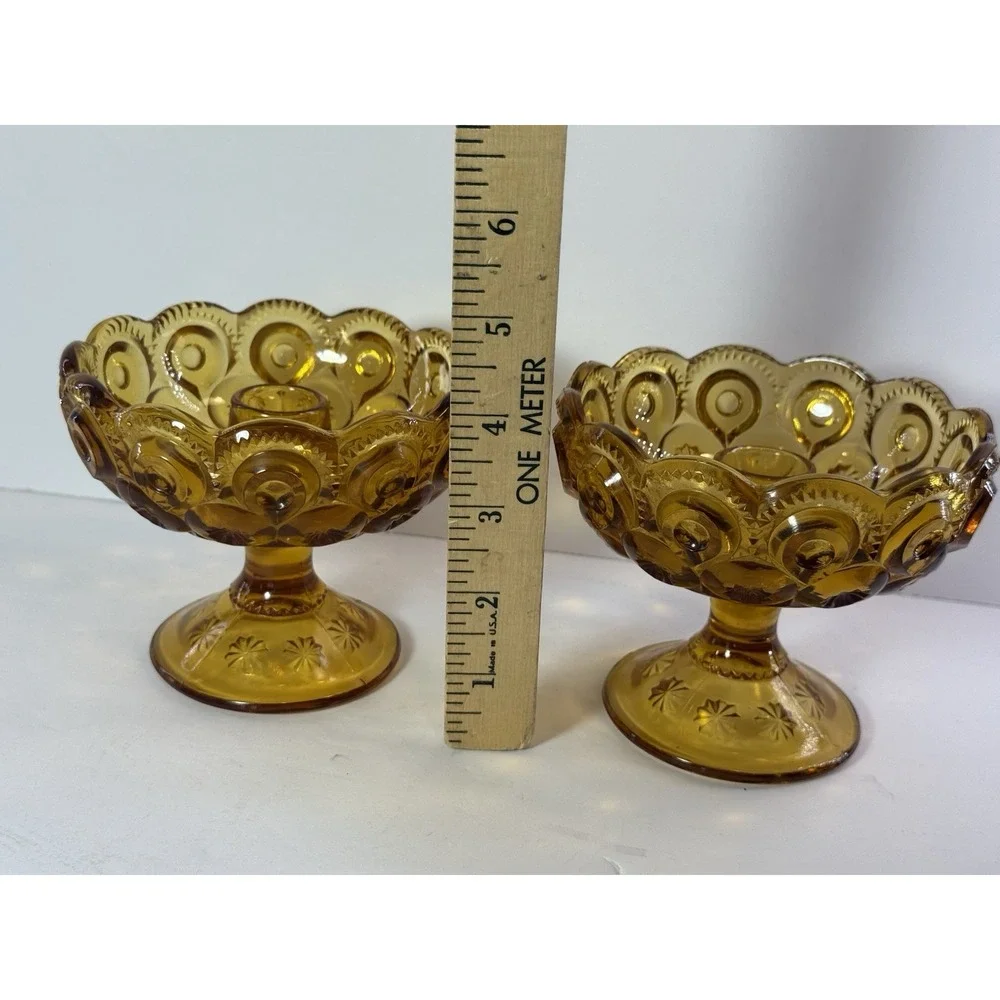 Vintage LE Smith Amber Moon and Star Glass Candle Holder Footed Compote Bowl Lot